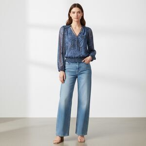 Lucky Brand Paisley Blue Print Sheer Long Sleeve Boho Top Size M